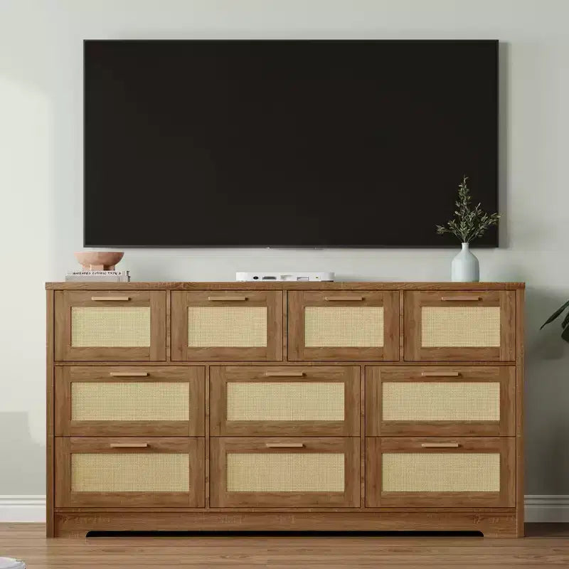 Comò a 10 cassetti per camera da letto, cassettiera coloniale in rattan con maniglie, mobile contenitore indipendente in legno per soggiorno, armadio, ingresso