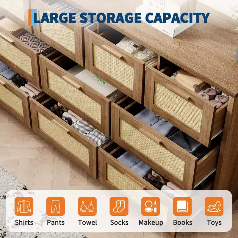 Comò a 10 cassetti per camera da letto, cassettiera coloniale in rattan con maniglie, mobile contenitore indipendente in legno per soggiorno, armadio, ingresso