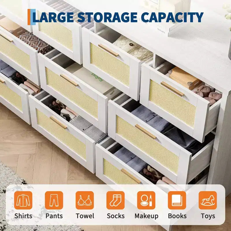 Comò a 10 cassetti per camera da letto, cassettiera coloniale in rattan con maniglie, mobile contenitore indipendente in legno per soggiorno, armadio, ingresso