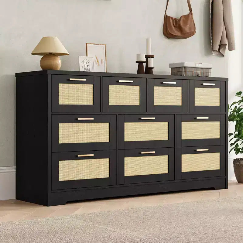 Comò a 10 cassetti per camera da letto, cassettiera coloniale in rattan con maniglie, mobile contenitore indipendente in legno per soggiorno, armadio, ingresso