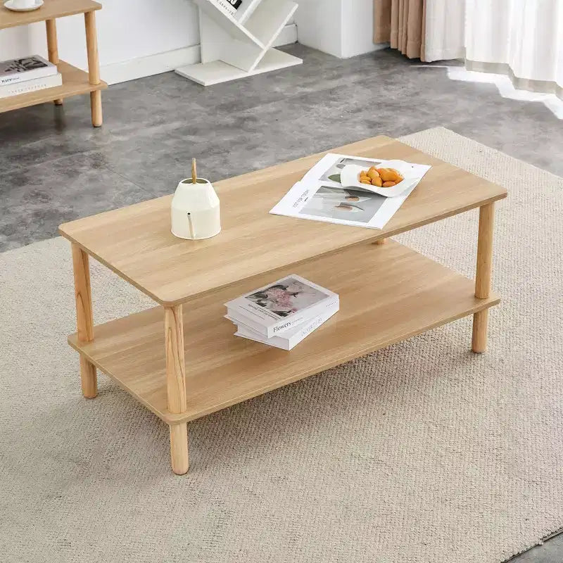Tavolino da caffè moderno a 2 ripiani per soggiorno, tavolino rettangolare con ripiano portaoggetti aperto, gambe arrotondate in legno di gomma