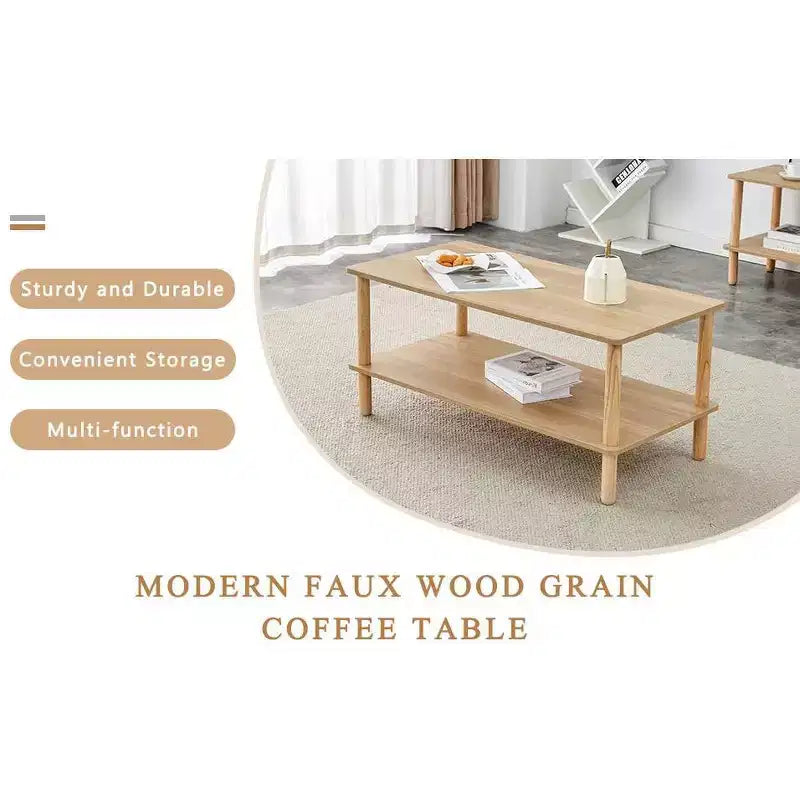 Tavolino da caffè moderno a 2 ripiani per soggiorno, tavolino rettangolare con ripiano portaoggetti aperto, gambe arrotondate in legno di gomma
