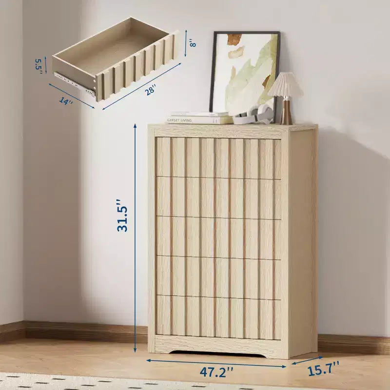 Comodino a 5 cassetti per camera da letto - Cassettiera moderna di metà secolo, comodino alto in legno, tavolino scanalato a righe, sicurezza migliorata
