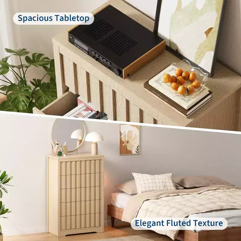 Comodino a 5 cassetti per camera da letto - Cassettiera moderna di metà secolo, comodino alto in legno, tavolino scanalato a righe, sicurezza migliorata