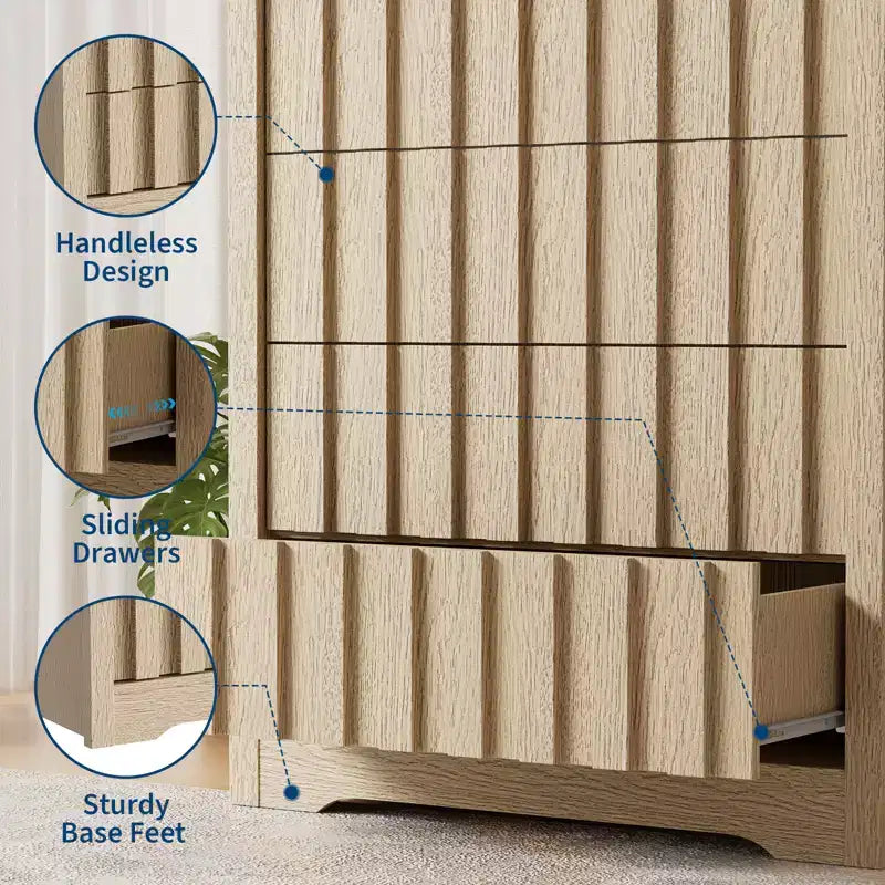 Comodino a 5 cassetti per camera da letto - Cassettiera moderna di metà secolo, comodino alto in legno, tavolino scanalato a righe, sicurezza migliorata