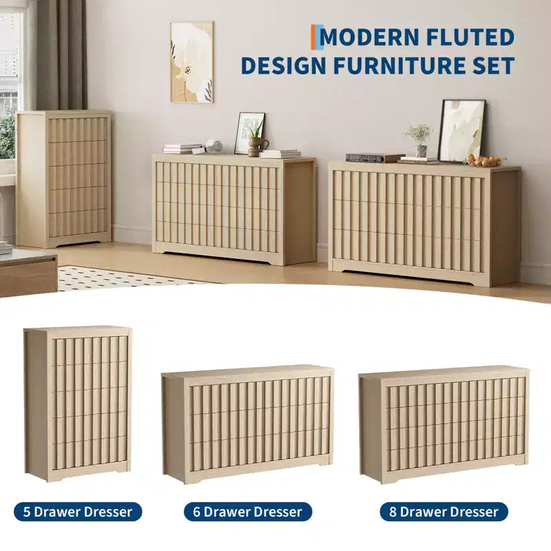 Comodino a 5 cassetti per camera da letto - Cassettiera moderna di metà secolo, comodino alto in legno, tavolino scanalato a righe, sicurezza migliorata