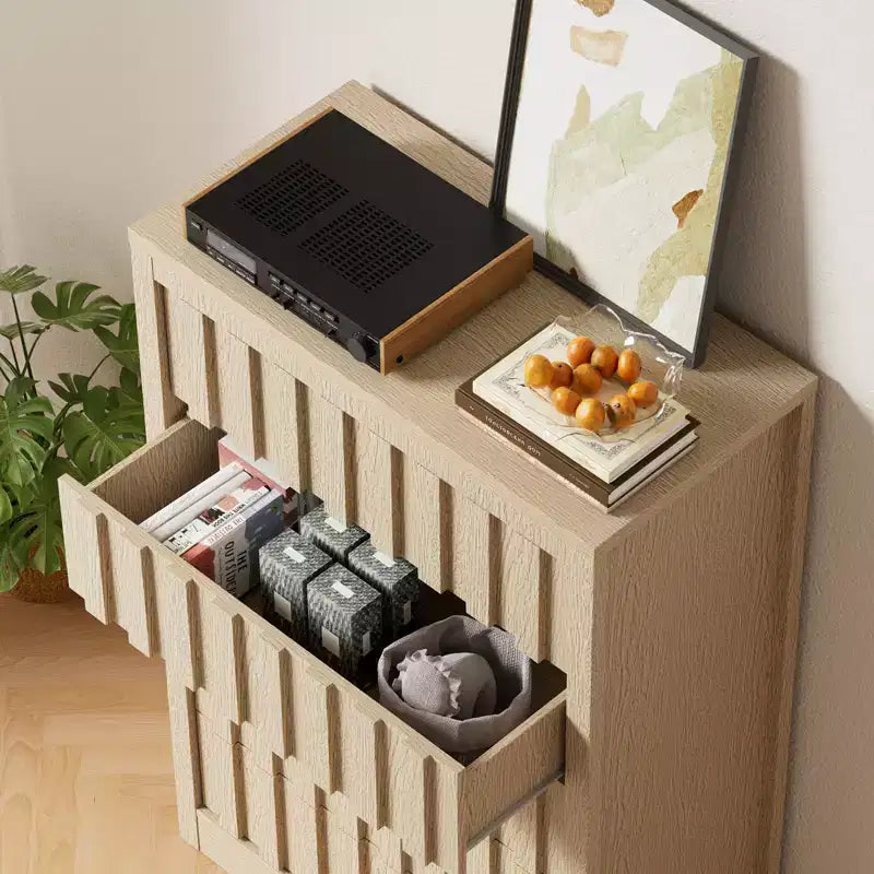 Comodino a 5 cassetti per camera da letto - Cassettiera moderna di metà secolo, comodino alto in legno, tavolino scanalato a righe, sicurezza migliorata