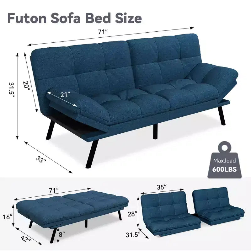 Divano letto futon convertibile da 71" – Lino moderno, cuscini sfoderabili e schienale regolabile