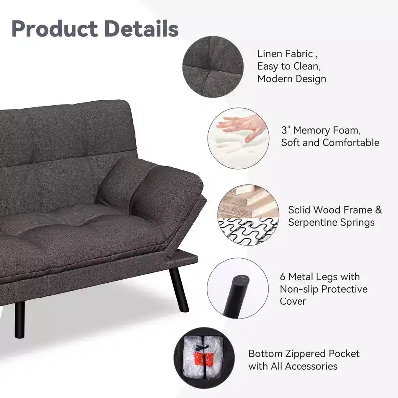 Divano letto futon convertibile da 71" – Lino moderno, cuscini sfoderabili e schienale regolabile