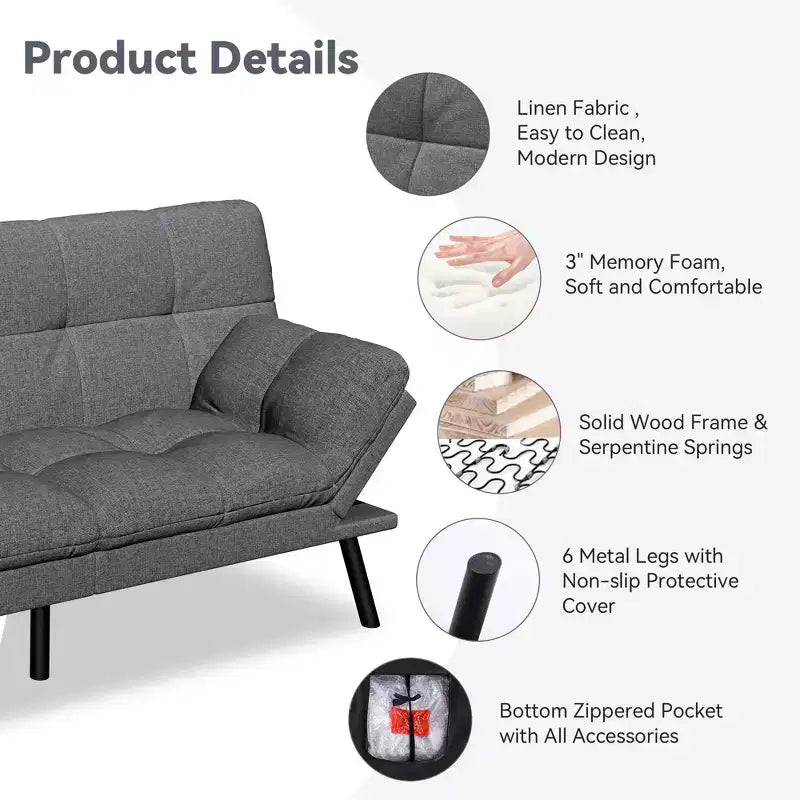 Divano letto futon convertibile da 71" – Lino moderno, cuscini sfoderabili e schienale regolabile