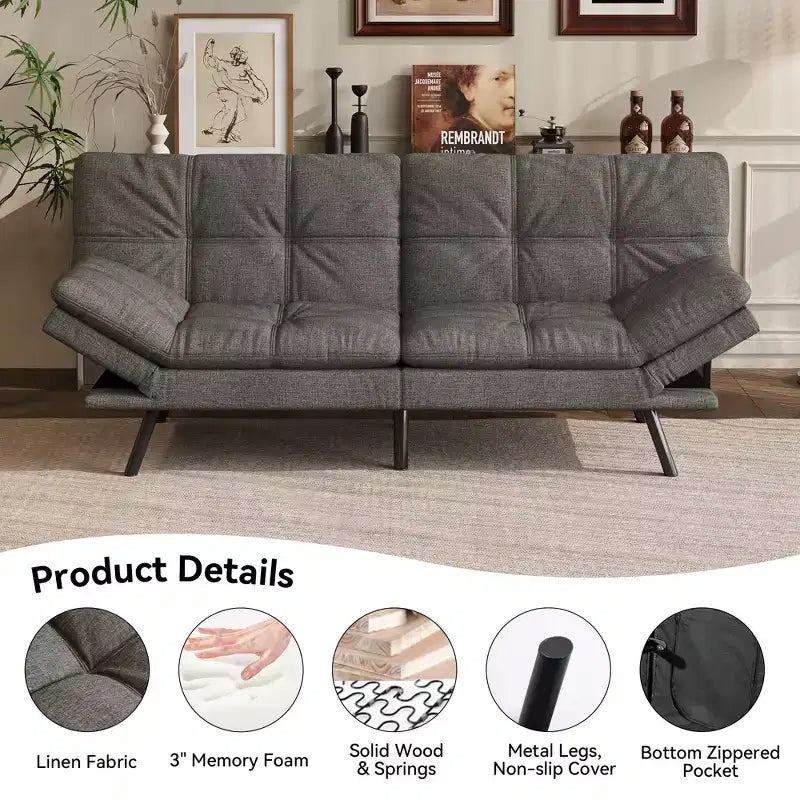 Divano letto futon convertibile da 71" – Lino moderno, cuscini sfoderabili e schienale regolabile