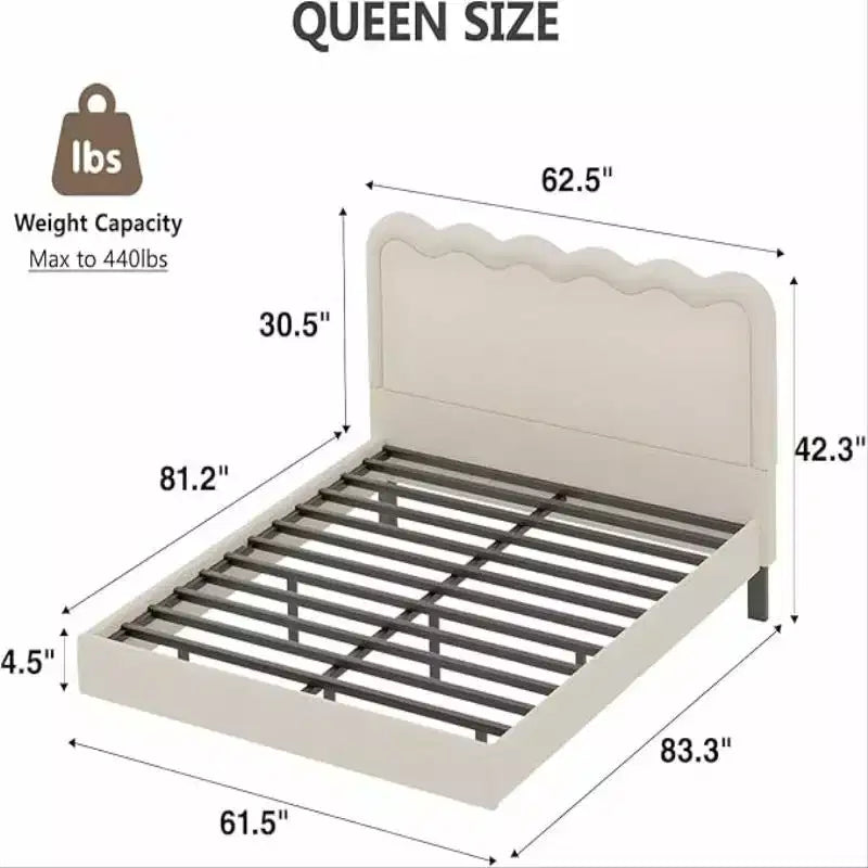 Giroletto matrimoniale "Queen Size" in Bouclé con luci LED e testiera ondulata – Beige