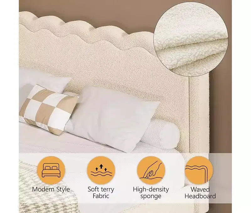 Giroletto matrimoniale "Queen Size" in Bouclé con luci LED e testiera ondulata – Beige