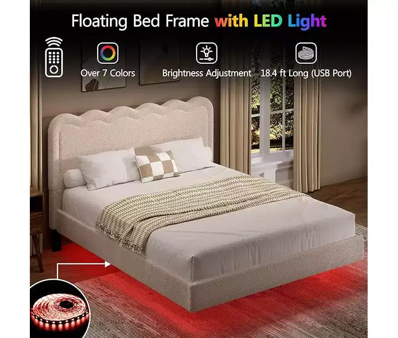Giroletto matrimoniale "Queen Size" in Bouclé con luci LED e testiera ondulata – Beige