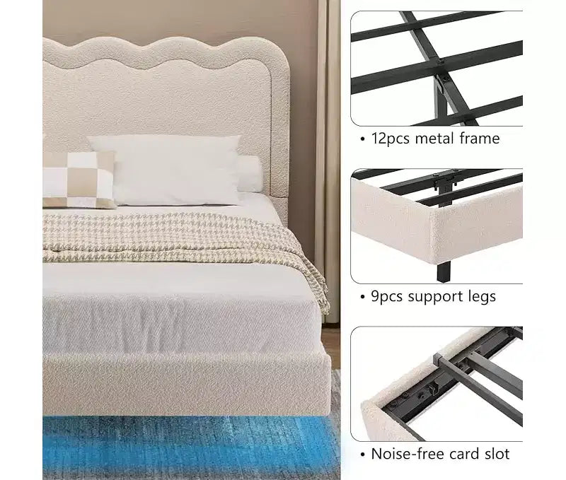 Giroletto matrimoniale "Queen Size" in Bouclé con luci LED e testiera ondulata – Beige