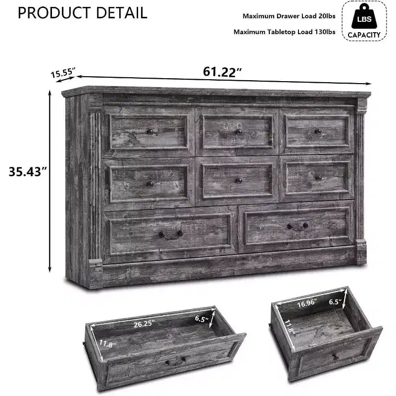 Cassettiera rustica da 155 cm con 8 cassetti e colonne romane per camera da letto