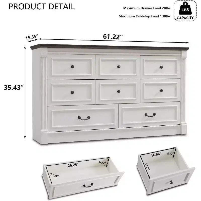 Cassettiera rustica da 155 cm con 8 cassetti e colonne romane per camera da letto