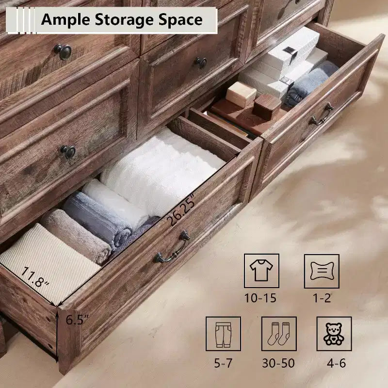 Cassettiera rustica da 155 cm con 8 cassetti e colonne romane per camera da letto