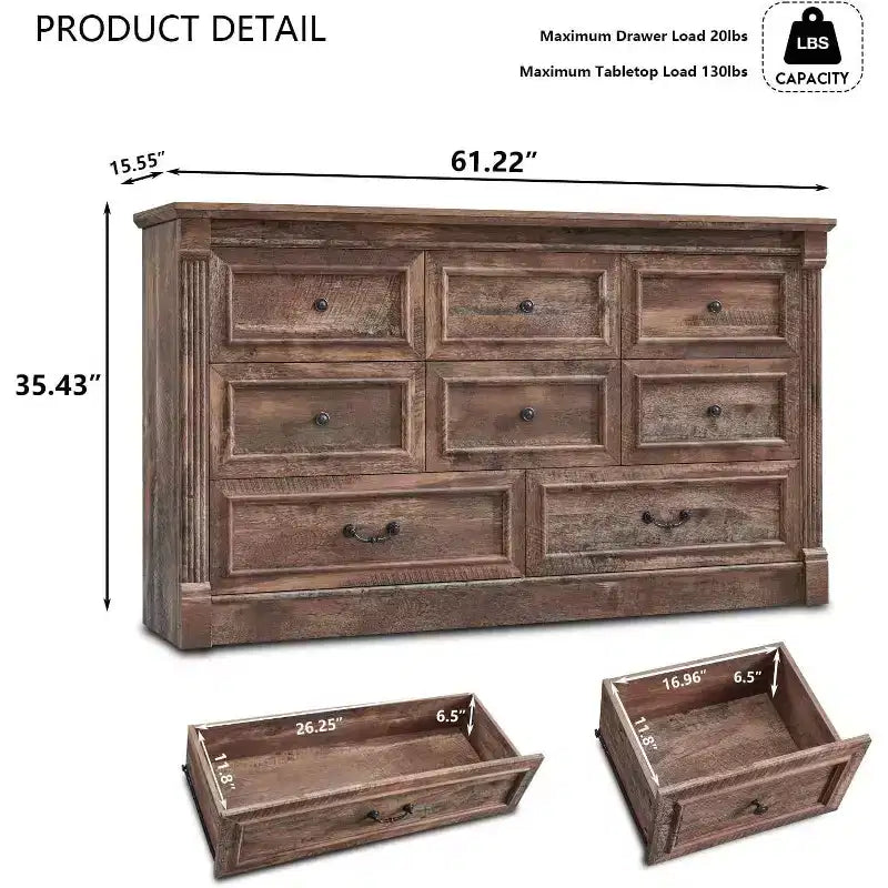 Cassettiera rustica da 155 cm con 8 cassetti e colonne romane per camera da letto