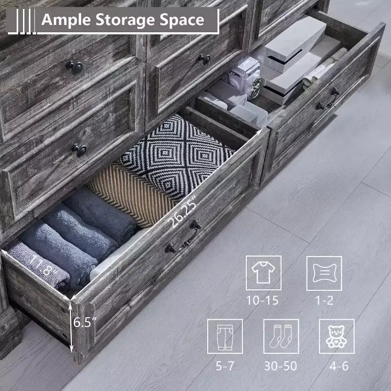 Cassettiera rustica da 155 cm con 8 cassetti e colonne romane per camera da letto