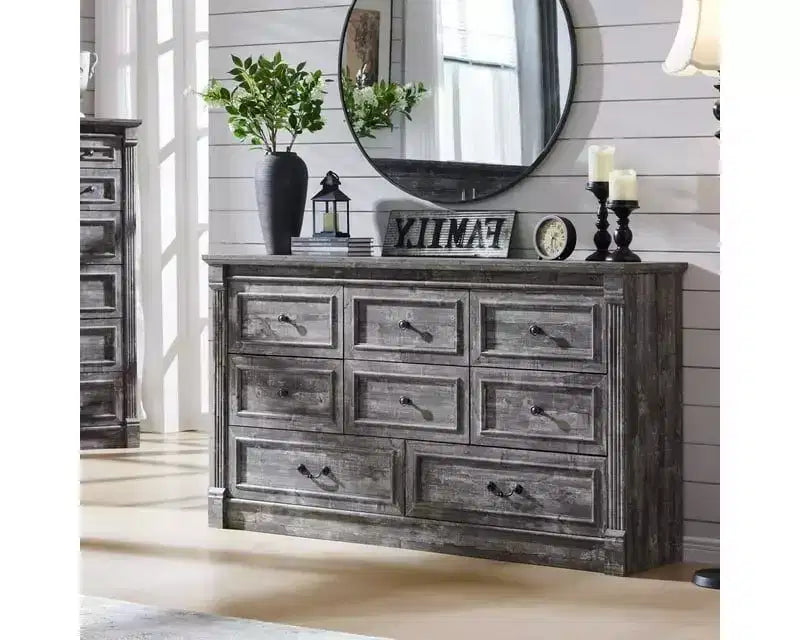 Cassettiera rustica da 155 cm con 8 cassetti e colonne romane per camera da letto