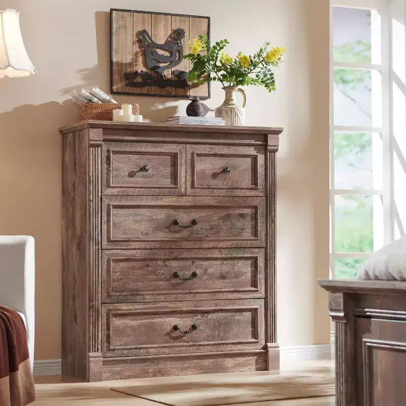 Cassettiera coloniale da 46" con 5 cassetti e colonna romana – Mobile rustico in legno per camera da letto