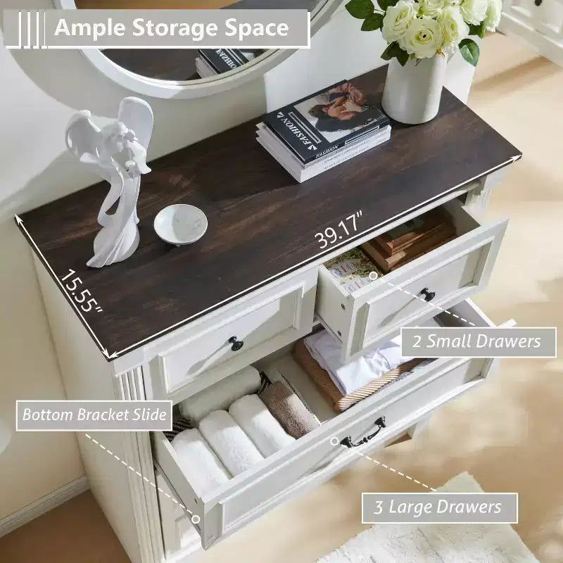 Cassettiera coloniale da 46" con 5 cassetti e colonna romana – Mobile rustico in legno per camera da letto