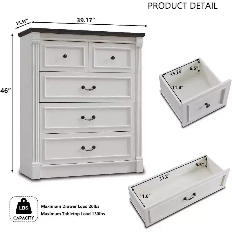Cassettiera coloniale da 46" con 5 cassetti e colonna romana – Mobile rustico in legno per camera da letto
