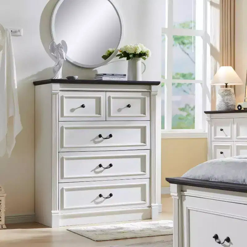 Cassettiera coloniale da 46" con 5 cassetti e colonna romana – Mobile rustico in legno per camera da letto