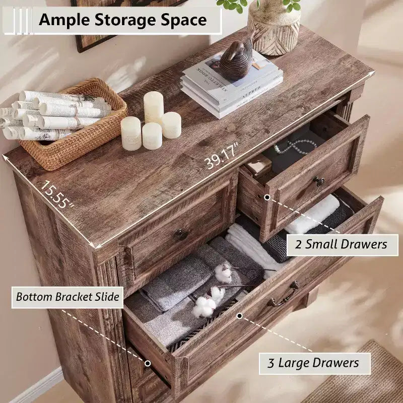 Cassettiera coloniale da 46" con 5 cassetti e colonna romana – Mobile rustico in legno per camera da letto