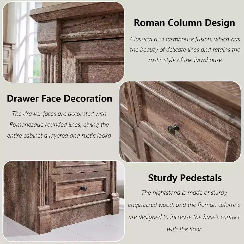 Cassettiera coloniale da 46" con 5 cassetti e colonna romana – Mobile rustico in legno per camera da letto