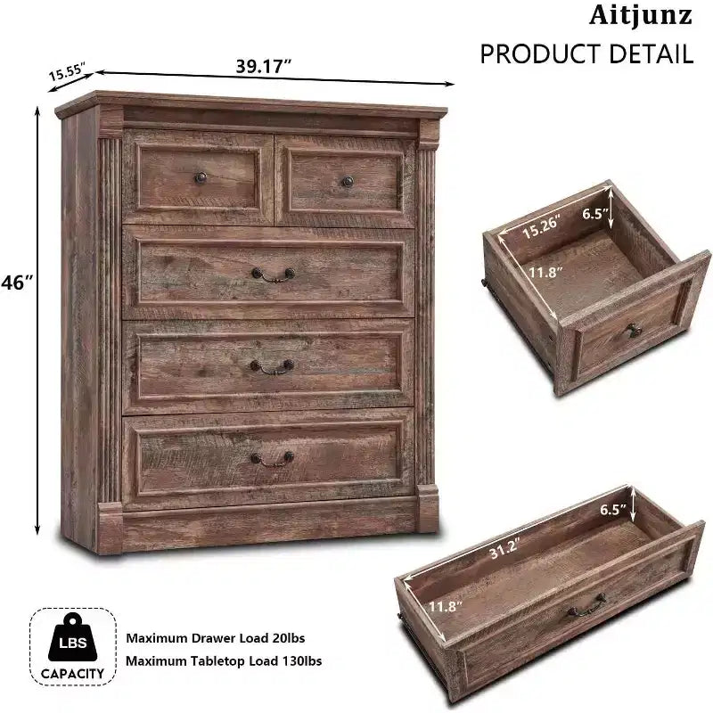 Cassettiera coloniale da 46" con 5 cassetti e colonna romana – Mobile rustico in legno per camera da letto