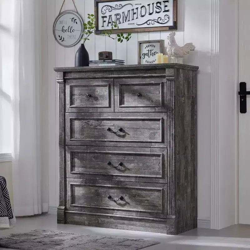 Cassettiera coloniale da 46" con 5 cassetti e colonna romana – Mobile rustico in legno per camera da letto