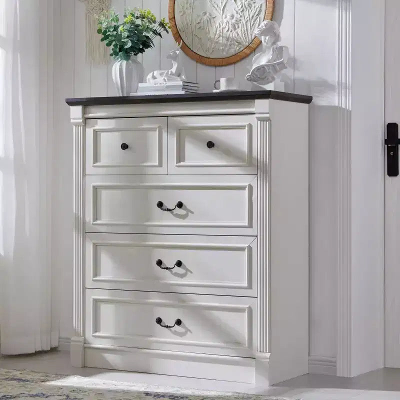 Cassettiera coloniale da 46" con 5 cassetti e colonna romana – Mobile rustico in legno per camera da letto