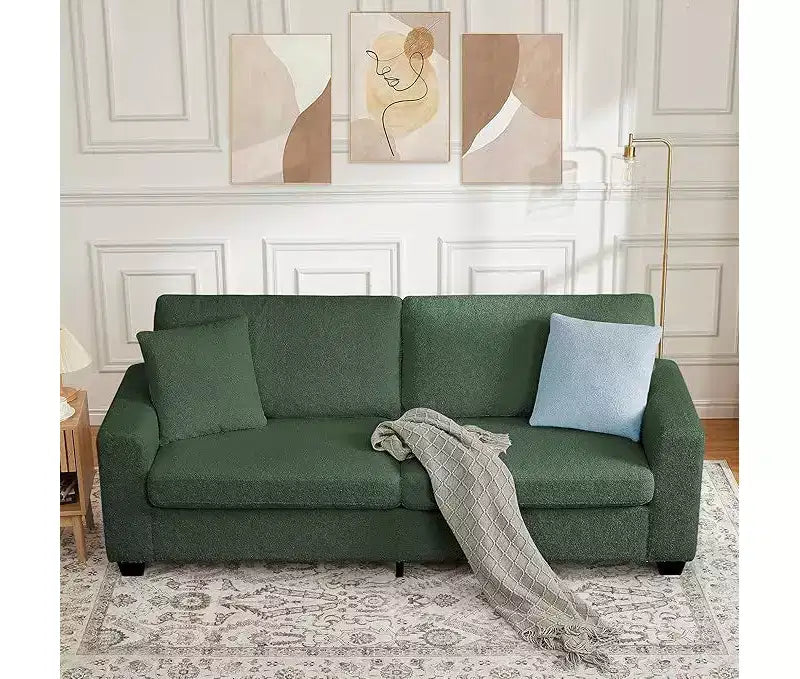 Divano a Sedile, Divano Profondo con Braccioli Larghi, Cuscini Rimovibili e Lavabili, Accogliente Bouclé per Soggiorno, Verde