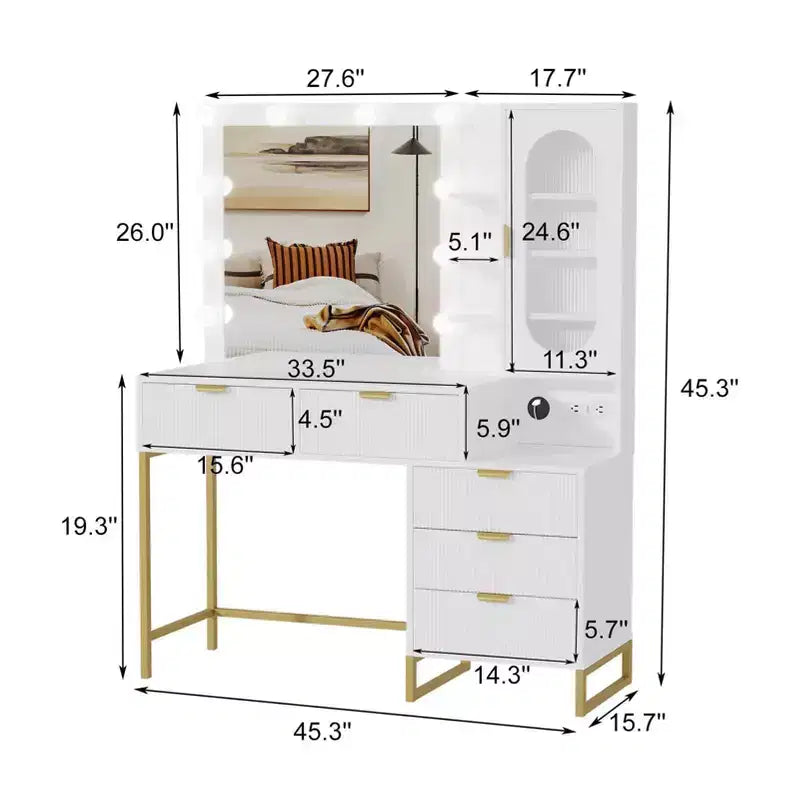 Panchine per vanità, moderna toeletta da trucco con specchio regolabile, stazione di ricarica integrata, 5 cassetti