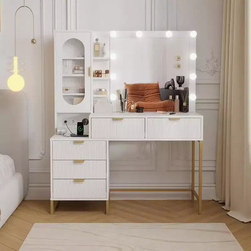 Panchine per vanità, moderna toeletta da trucco con specchio regolabile, stazione di ricarica integrata, 5 cassetti