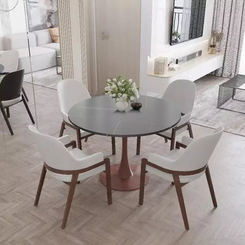 Tavolo da Pranzo Rotondo da 89 cm con Piano in Pietra Sinterizzata e Base a Piedistallo in Acciaio Noce