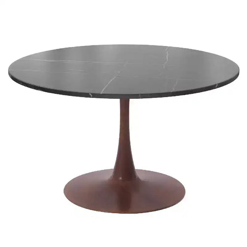 LeisureMod Bristol 35 Round Dining Table with Sintered Stone Top and Walnut Steel Pedestal Base for Modern Kitchen and Dining Room