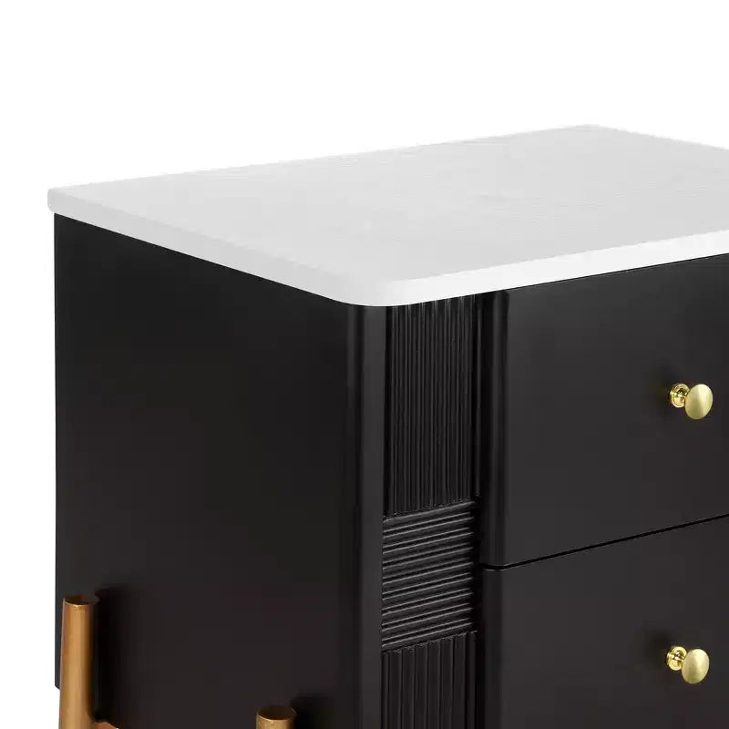 Comodino Moderno Minimalista con 2 Cassetti – Gambe e Maniglie in Metallo Dorato, Design Testurizzato