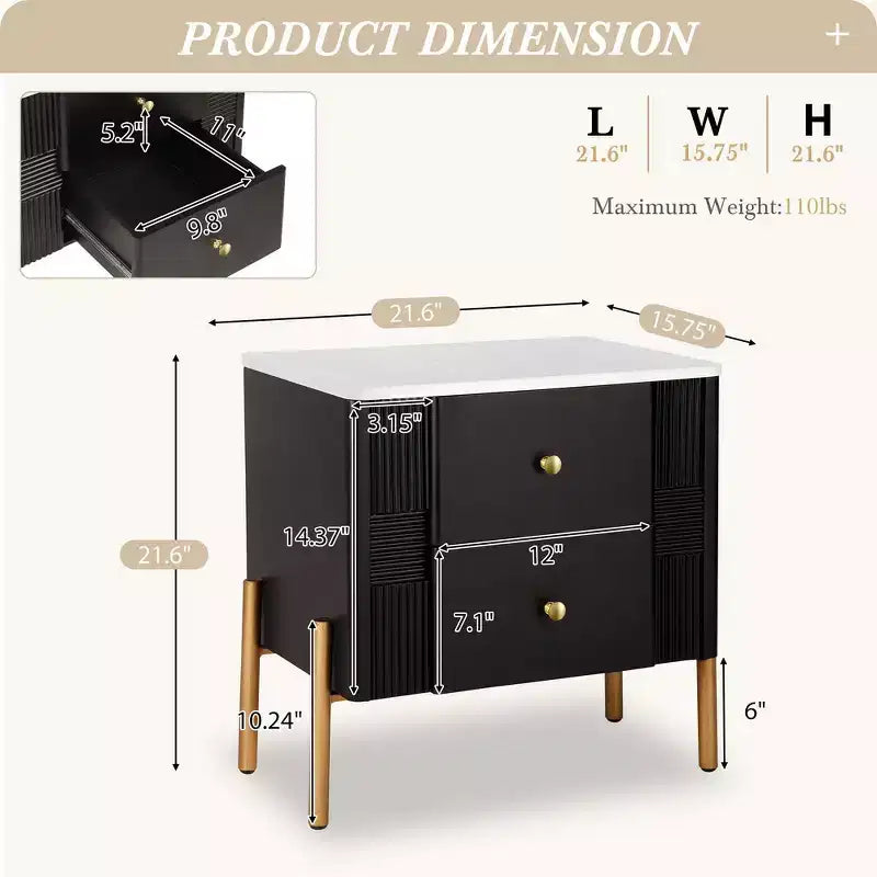 Comodino Moderno Minimalista con 2 Cassetti – Gambe e Maniglie in Metallo Dorato, Design Testurizzato