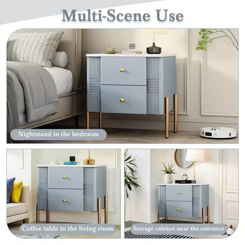 Comodino Moderno Minimalista con 2 Cassetti – Gambe e Maniglie in Metallo Dorato, Design Testurizzato