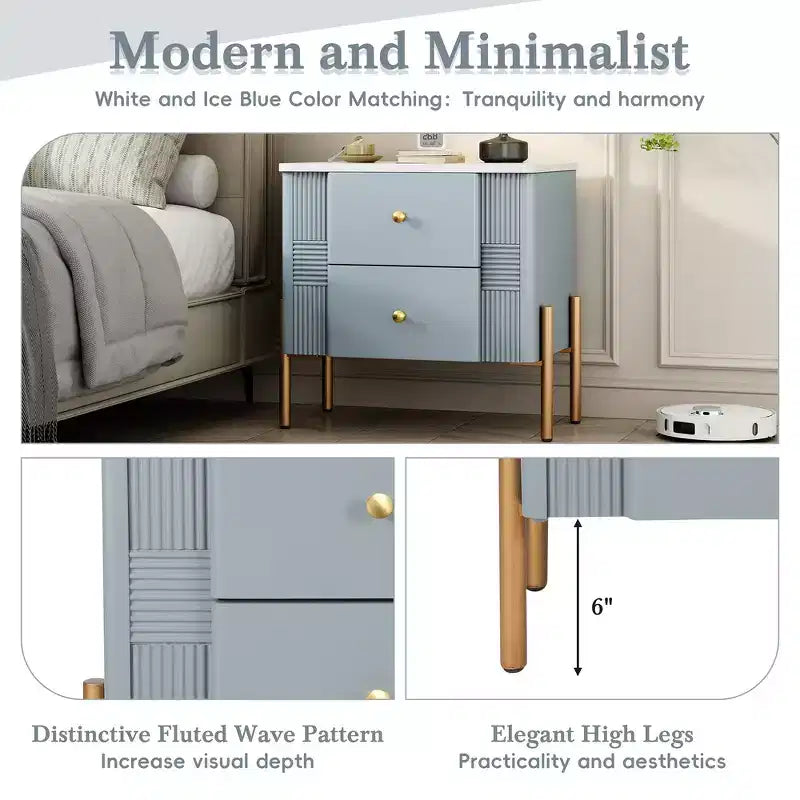 Comodino Moderno Minimalista con 2 Cassetti – Gambe e Maniglie in Metallo Dorato, Design Testurizzato
