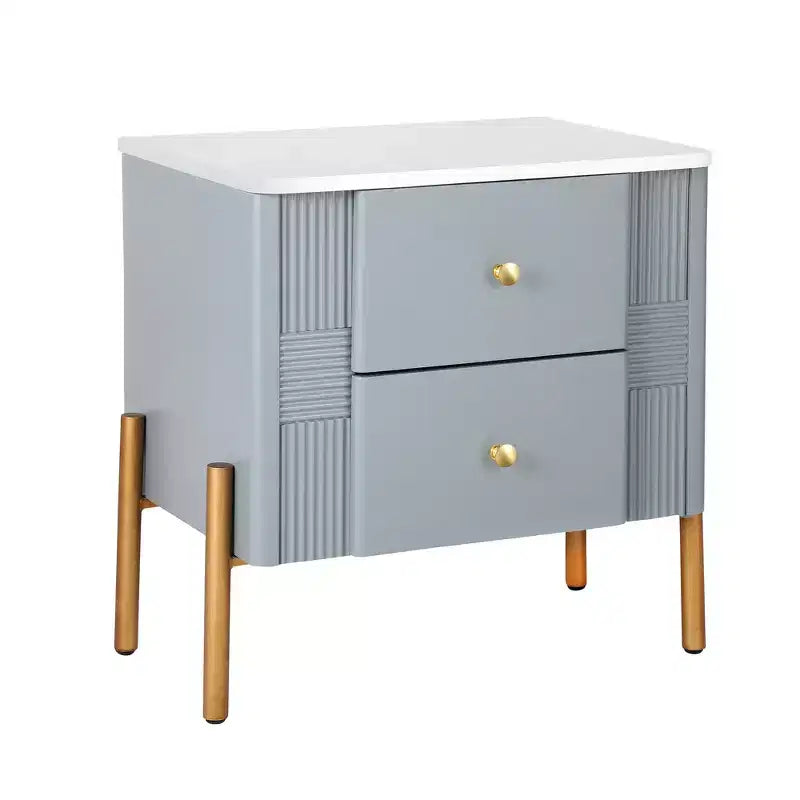 Comodino Moderno Minimalista con 2 Cassetti – Gambe e Maniglie in Metallo Dorato, Design Testurizzato