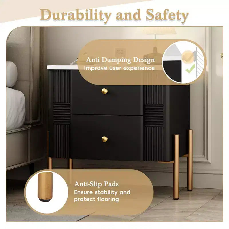 Comodino Moderno Minimalista con 2 Cassetti – Gambe e Maniglie in Metallo Dorato, Design Testurizzato