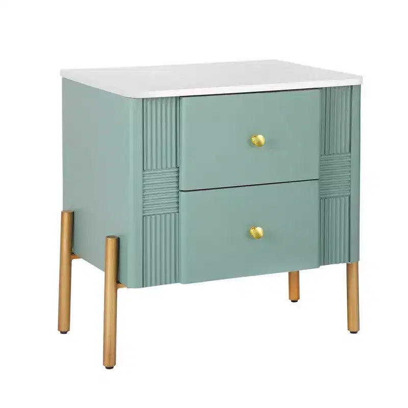 Comodino Moderno Minimalista con 2 Cassetti – Gambe e Maniglie in Metallo Dorato, Design Testurizzato