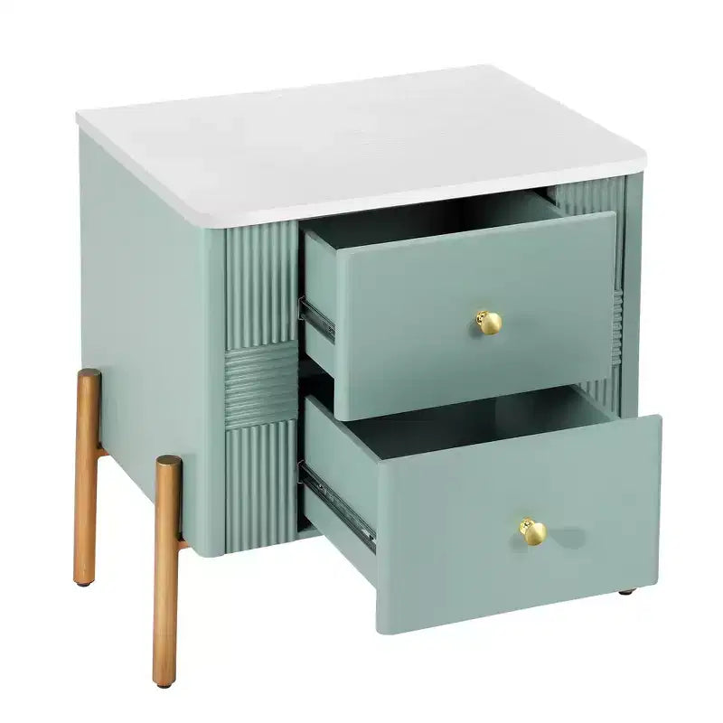 Comodino Moderno Minimalista con 2 Cassetti – Gambe e Maniglie in Metallo Dorato, Design Testurizzato