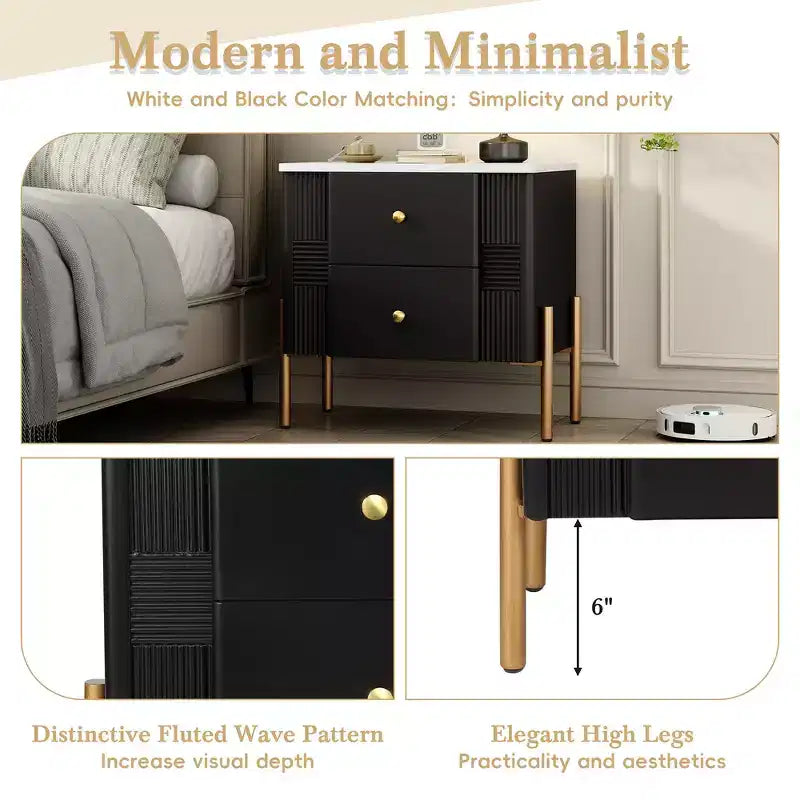 Comodino Moderno Minimalista con 2 Cassetti – Gambe e Maniglie in Metallo Dorato, Design Testurizzato