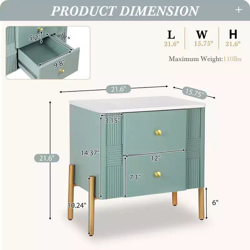 Comodino Moderno Minimalista con 2 Cassetti – Gambe e Maniglie in Metallo Dorato, Design Testurizzato