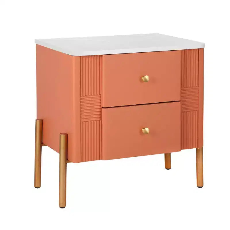 Comodino Moderno Minimalista con 2 Cassetti – Gambe e Maniglie in Metallo Dorato, Design Testurizzato